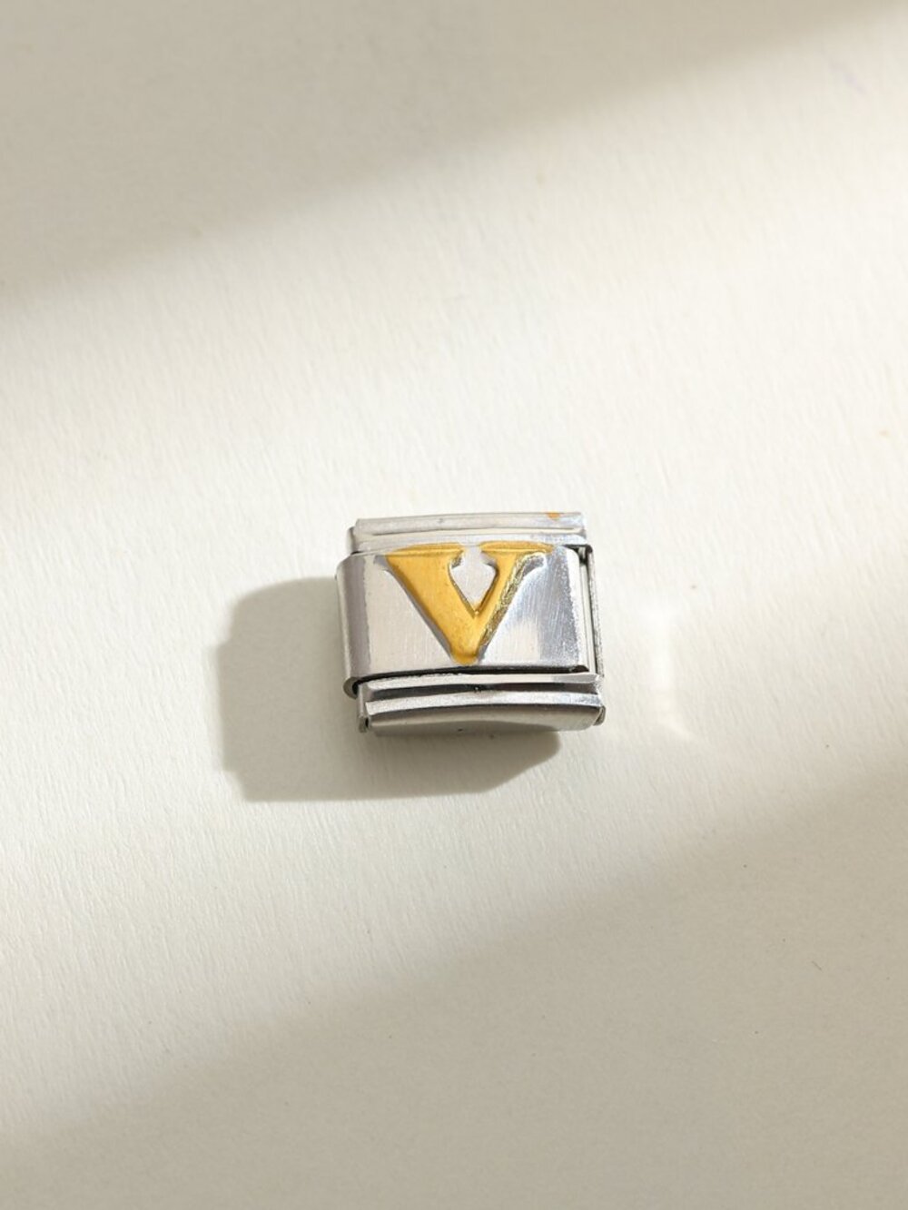 Letter V Raised Gold and Silver Initial 9mm Stainless Steel Italian Charm